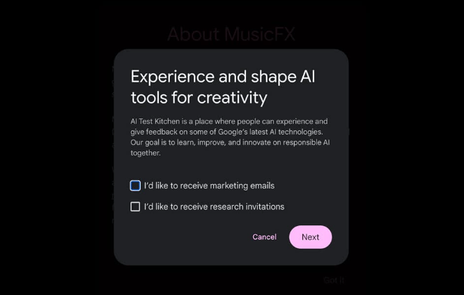 打开MusicFX网站 Google music FX